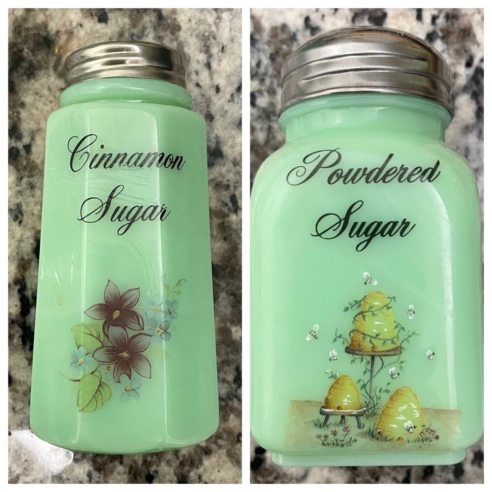 Mosser Glass USA Jadeite Cinnamon Sugar & Powdered Sugar Shaker Set